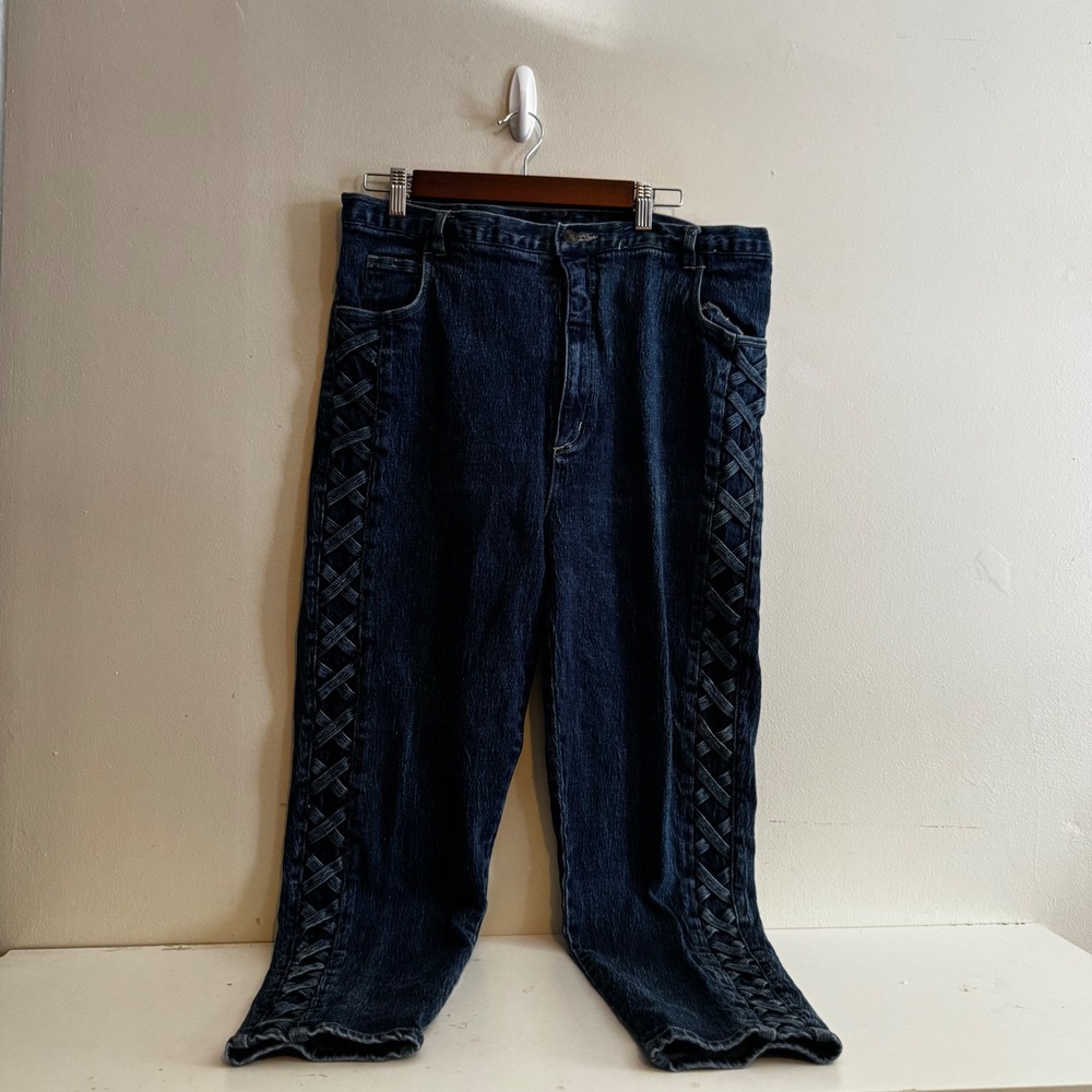 VTG Y2K Women's 20W Blue Lattice Side Braid Jeans Grunge Streetwear Cotton